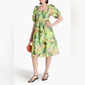 Stine Goya Annalisa Gathered Floral Organza Abstract Print Dress SIZE XL